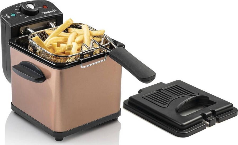 Mini Frituurpan voor 1 portie friet Koudezone technologie Temperatuurregelaar tot 190°C Rvs mand Kijkvenster Oliefilter Koperkleurig