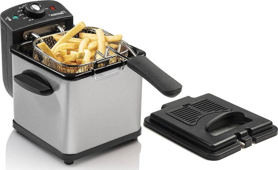 Mini Frituurpan voor 1 portie friet Met Koudezone Technologie Temperatuurregelaar tot 190°C Incl. RVS Mand Kijkvenster & Oliefilter Zilver