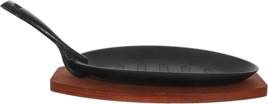 Mini Gietijzeren Koekenpan Steak Pan Sizzling Steak Bakken Met Houten Onderstel 24 x 15 cm Zwart