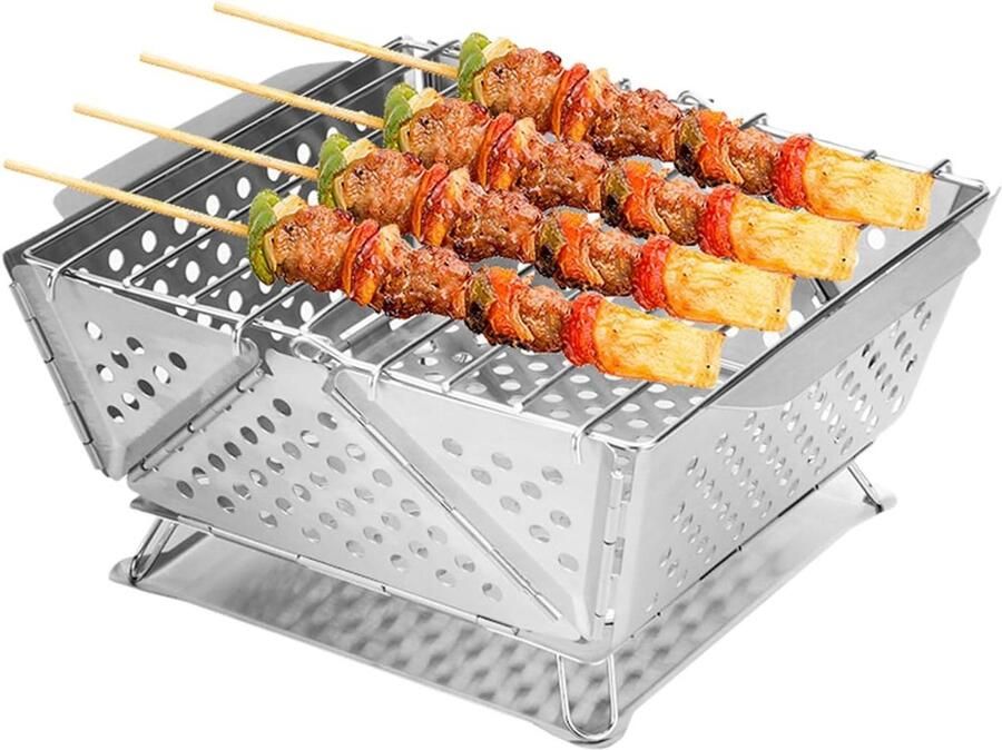 Mini Grill Draagbare Barbecue Buiten Koken Vouwbaar Ontwerp 19.3x19.3x10cm Zilver