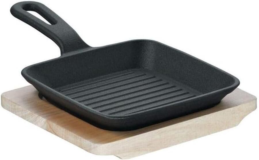 Mini Grillpan Gietijzeren Pannetje Kleine Porties Bereiden Inclusief Serveerplank 15 x 15 cm Zwart