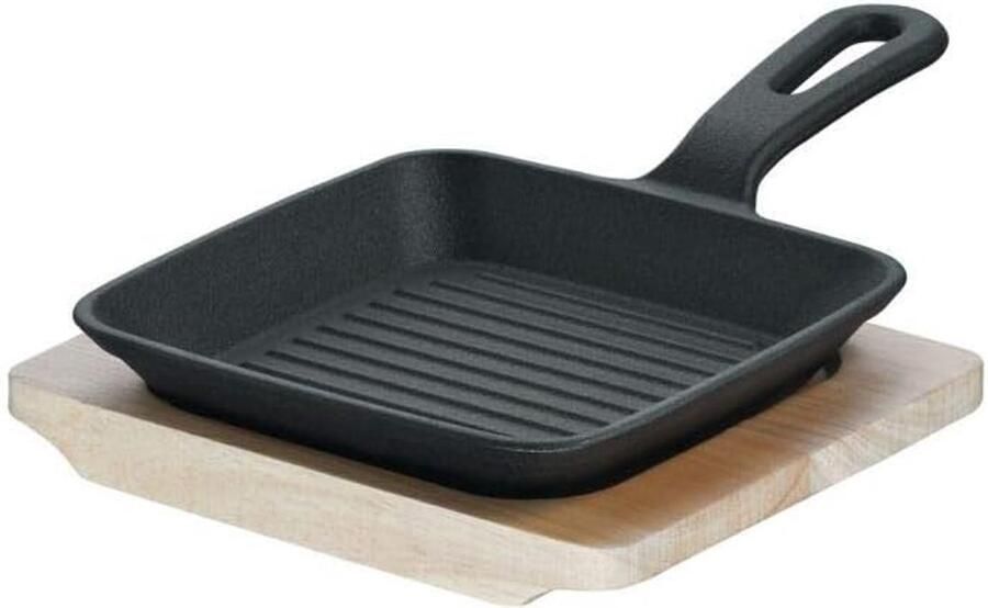 Mini Grillpan Gietijzeren Pannetje Kleine Porties Bereiden Met Houten Plank 15x15 cm Zwart