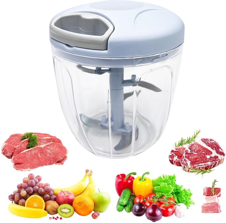 Mini Hachoir Manuel Cuisine 900 ml Met Drag Cord Mixer 5 Lames in roestvrij staal Oeg koppel Hachoir Legume Emissor (Blauw)