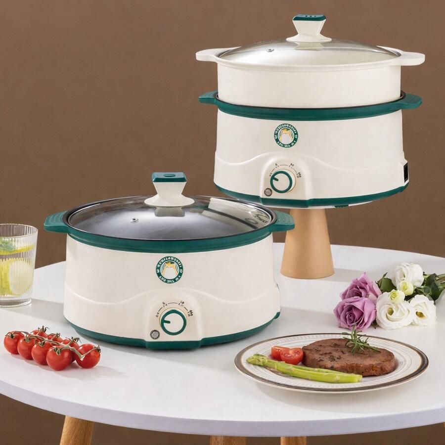 Mini Hotpot 3L Royal Cat Design met Groene Deksel Anti-aanbak Noodle & Rijstkoker