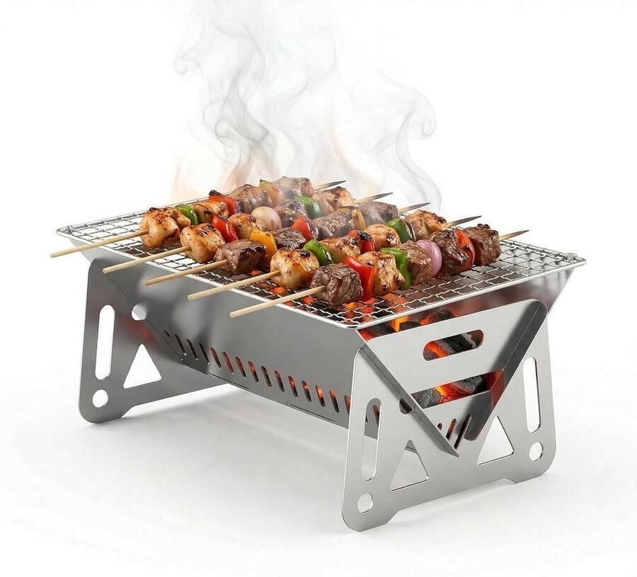 Mini Houtskoolgrill Draagbare Grill Buiten Koken Opvouwbaar Ontwerp 28 x 18 x 13 cm Zilver