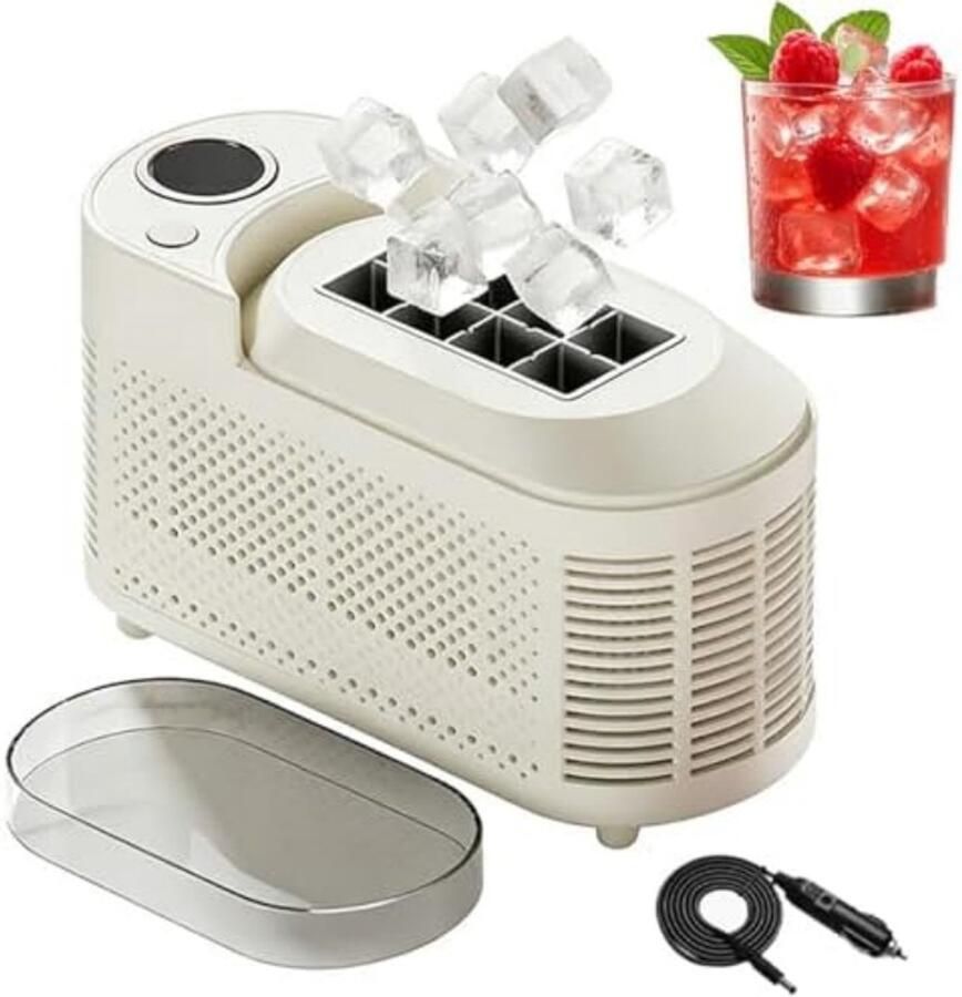 Mini-ijsmachine Draagbare ijsmachine 120W tafelmodel ijsmachine Maakt 8 holle ijsblokjes in 10 minuten Inclusief auto-adapter Compact en geluidsarm ontwerp Crème wit