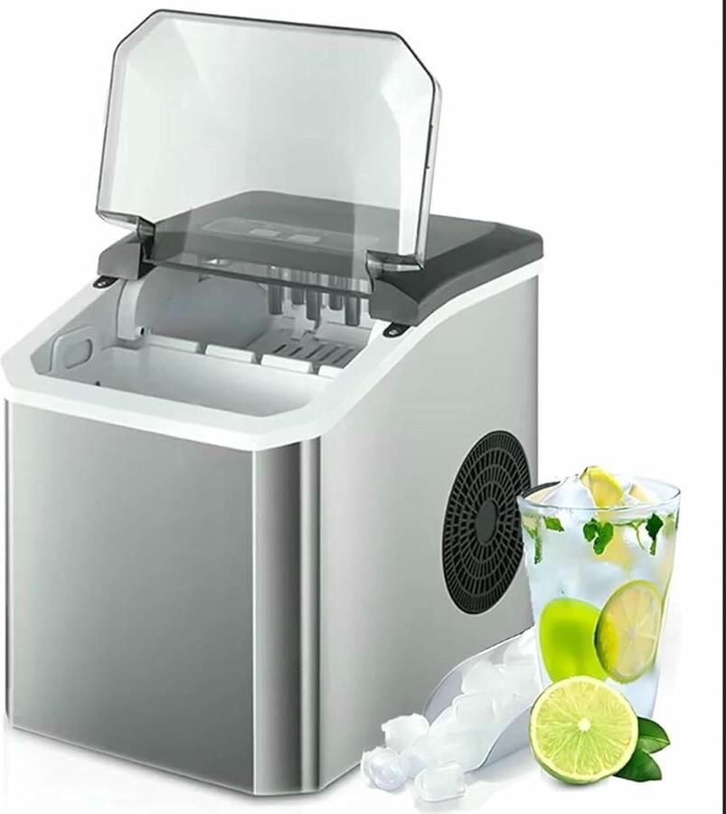Mini-ijsmachine voor op het aanrecht Maakt 12 kg ijs per dag Maakt 9 ijsblokjes in 7 minuten Draagbare zelfreinigende machine Inclusief lepel en mandje Geschikt voor thuis bars en feesten Zilver