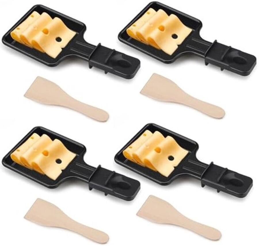 Mini-kaasraclette-set met 4 vierkante pannen en houten spatels voor elektrisch grillen
