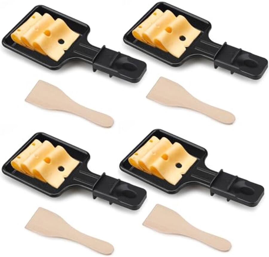 Mini-kaasraclette-set met 4 vierkante pannen en houten spatels voor elektrisch grillen