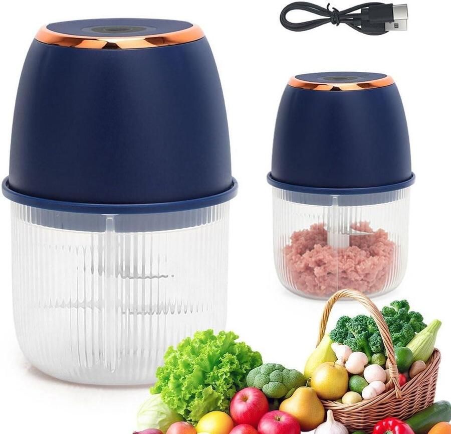 Mini Keukenmachine Elektrische Hakmolen Snel Ingrediënten Snijden Draadloos USB Opladen 350 ml Blauw