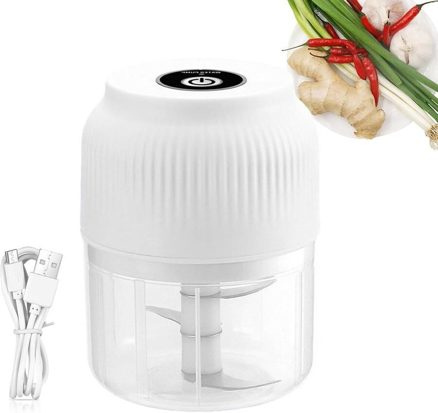 Mini Keukenmachine Knoflookhakker Hakmolen Voedselbereiding Draadloos Oplaadbaar 300ml Wit