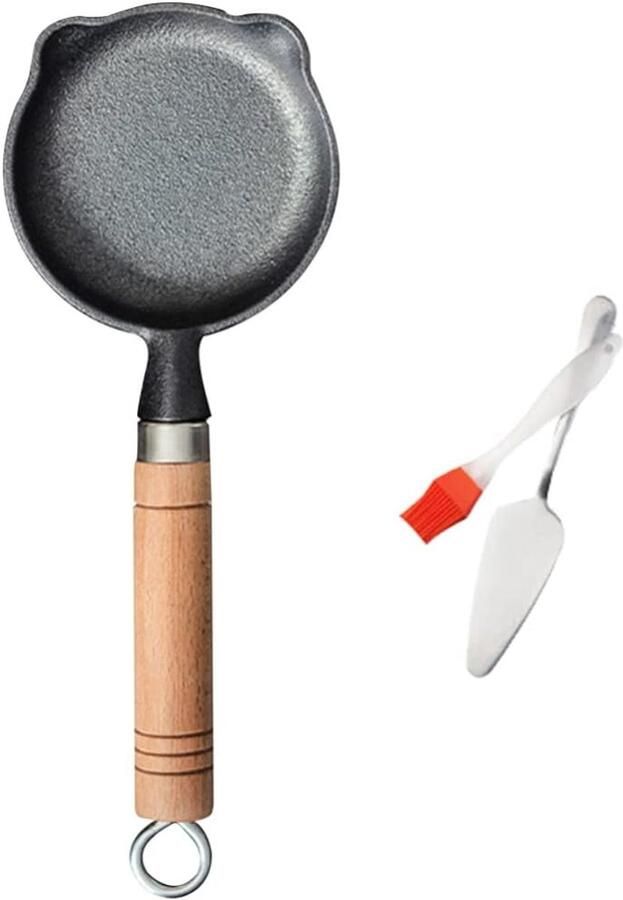 Mini Koekenpan Gietijzeren Wok Ontbijt Maken Inclusief Schep Borstel 10 cm Diameter Zwart
