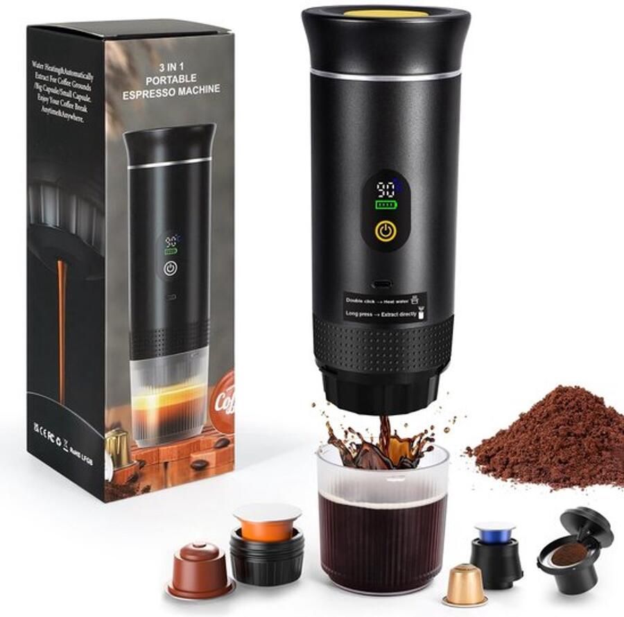 Mini-koffiezetapparaat capsulemachine draagbaar koffiezetapparaat elektrische espressomachine compatibel met koffiecapsules en koffiepoeder direct opwarmen voor camping auto reizen zwart