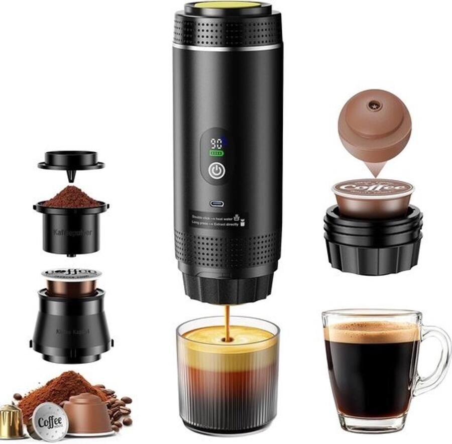 Mini Koffiezetapparaat Draagbare Espresso Koffie Maken Accu Aangedreven 80 ml Watertank Zwart