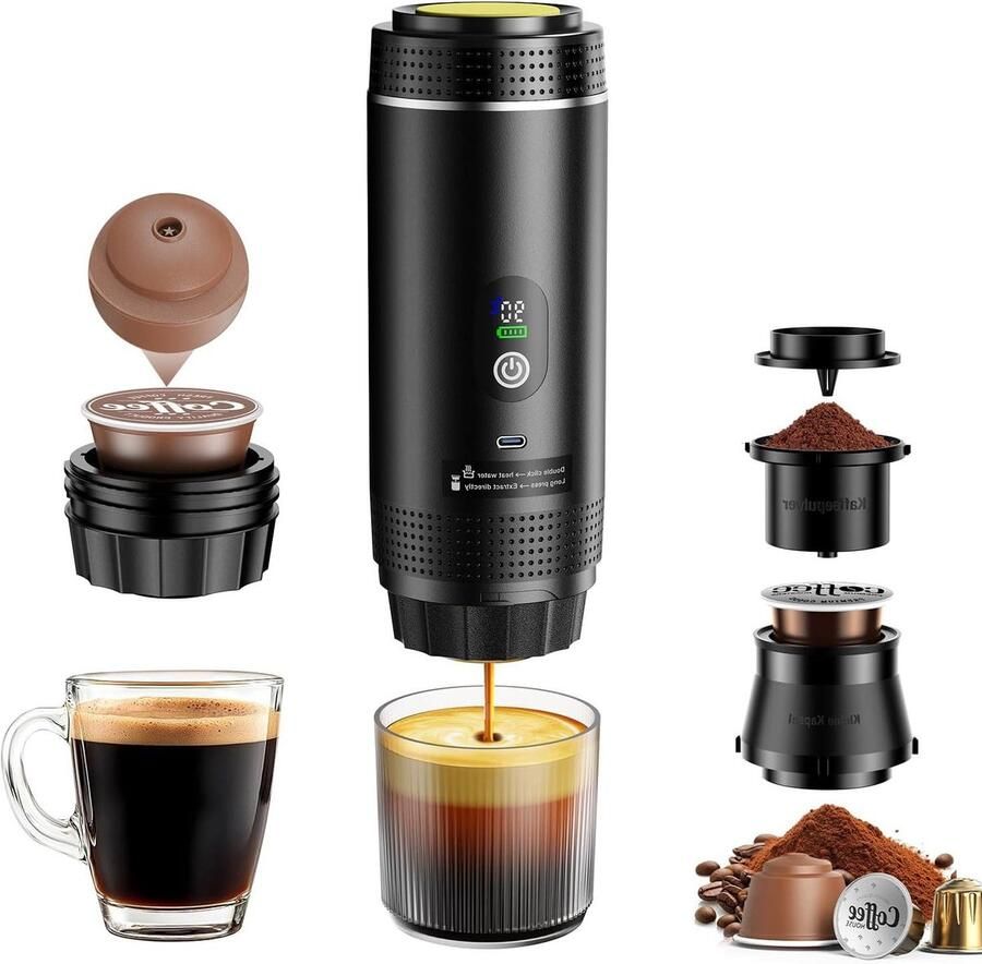 Mini Koffiezetapparaat Draagbare Espresso Koffie Maken Accu Aangedreven 80 ml Watertank Zwart