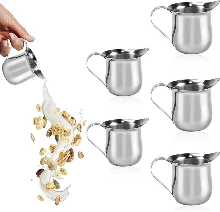 Mini Melkkan Set van 6 Stuks RVS Melkopschuimers van 90 ml voor Espresso en Cappuccino