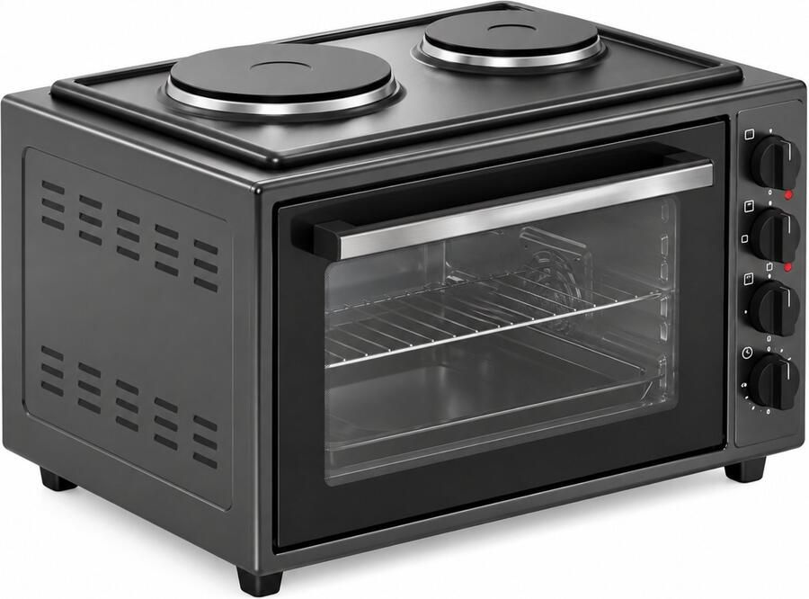 Mini Oven 45 Liter met Kookplaat – Vrijstaande Oven – Hetelucht – Grillfunctie – 2000W – Zwart