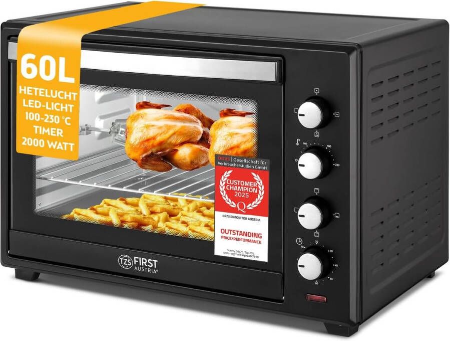 Mini Oven 60L met Temperatuurregeling tot 230°C Veelzijdige Bakoven met 2000W Vermogen en 6 Kookmodi