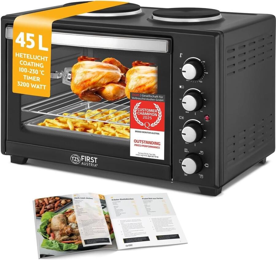 Mini Oven met Kookplaten 45L Combi-oven met Temperatuur tot 230°C en Antiaanbaklaag