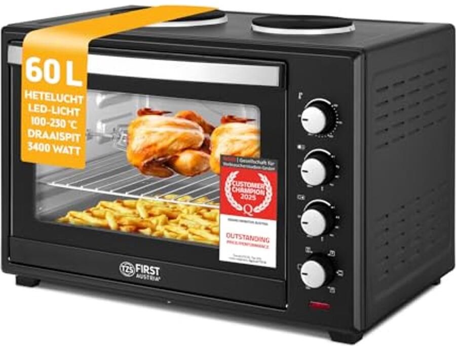 Mini Oven met Kookplaten 60L 6 Verwarmingsmodi tot 230°C Combi apparaat met 4 Inschuifhoogtes