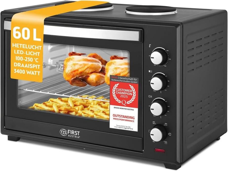 Mini Oven met Kookplaten 60L 6 Verwarmingsmodi tot 230°C Combi apparaat met 4 Inschuifhoogtes