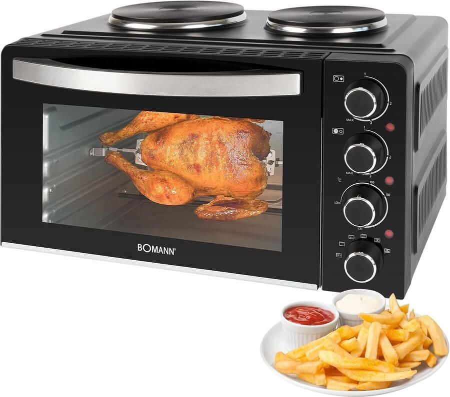 Mini oven met kookplaten en draaispit 28L convectieoven 3100W Koken en bakken tegelijk Elektrische oven met accessoires