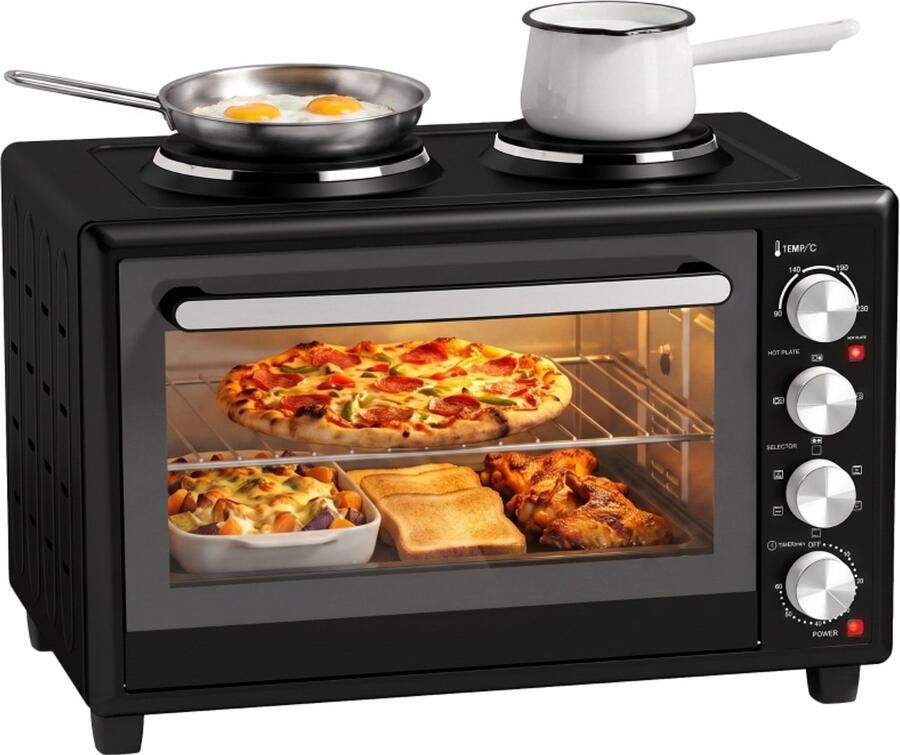 Mini-oven Multifunctionele heteluchtoven Keukengerei Met 2 bakplaten en draairek 58 1 x 40 x 39 5 cm Geschikt voor bakken braden en koken Zwart