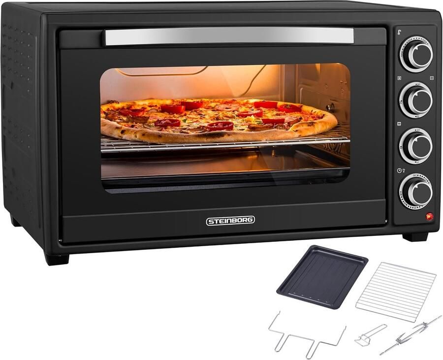 Mini oven Tafeloven aanrecht Grote maaltijden bereiden Met convectie draaispit 60 liter XXL Zwart