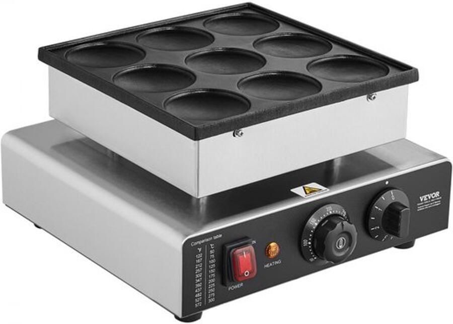 Mini Pannenkoekenmaker 9 Stuks 850 Watt Vermogen Ø 76 mm Diameter RVS Materiaal Voor Ontbijt En Catering
