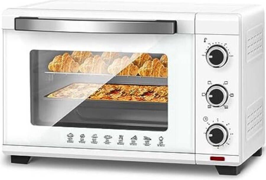 Mini-Pizzaoven Dubbele Glazen deur met Bakplaat en Braadpan met Timer 0-250 ° C 1400 W 20 liter Wit