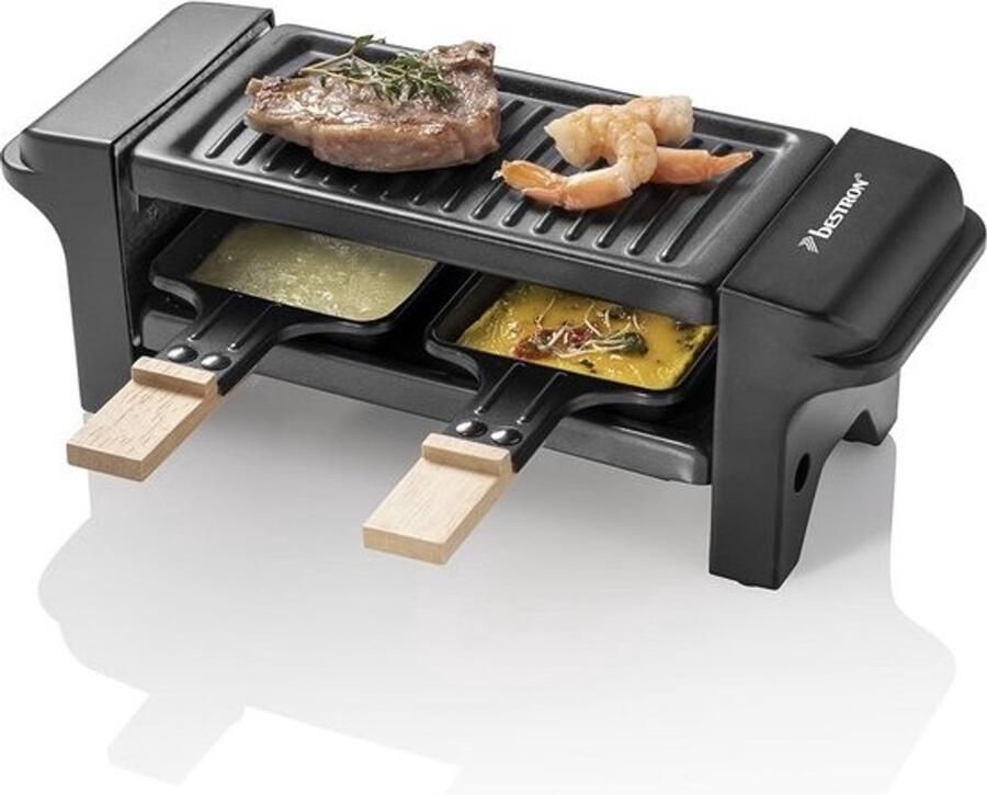 Mini-raclette Gourmetstel voor 1 tot 2 personen Inclusief 2 pannen 2 houten spatels en 2 onderzetters Antiaanbaklaag 350W Zwart