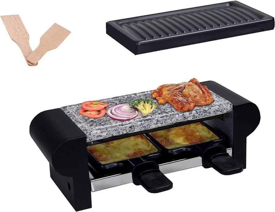 Mini Raclette Grill Elektrisch Gourmetstel Gezellig Tafelen Inclusief Steenplaat Voor 2 Personen Zwart