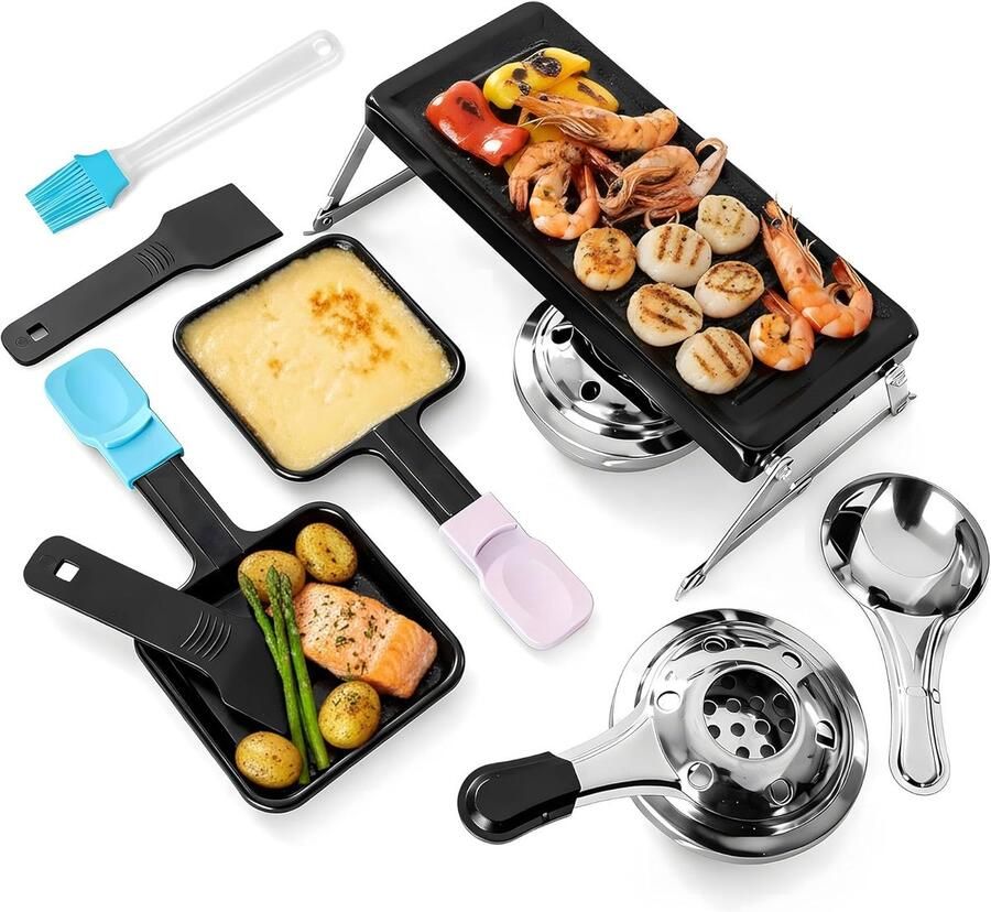 Mini Raclette Grill Kaassmelter Bakplaat Kamperen Picknicken Draadloos Werking Voor 2 Personen Deluxe