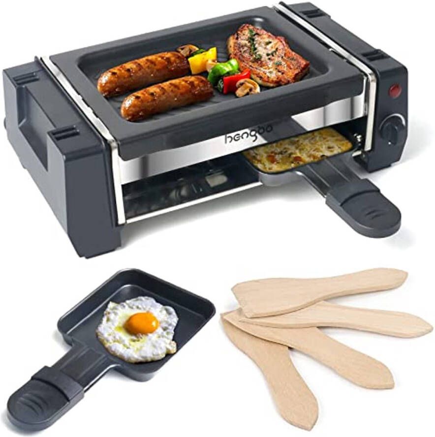 Mini Raclette Grill voor 1-2 Personen Elektrische Tafelgrill met Antiaanbakplaat en 2 Pannen