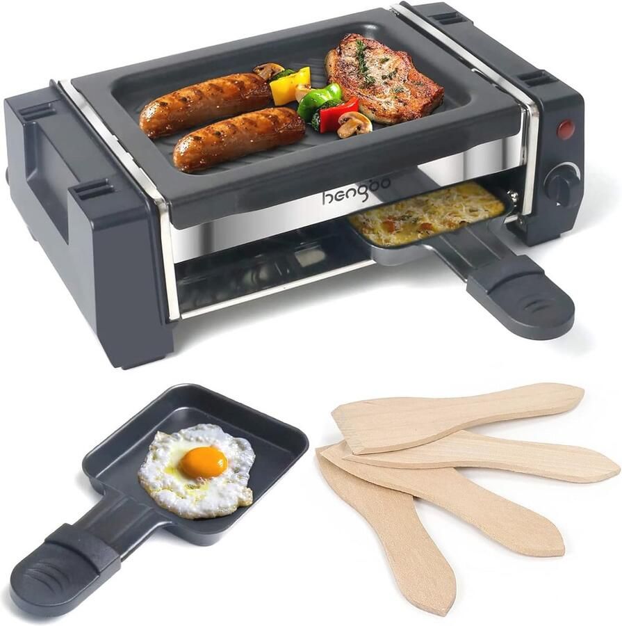 Mini Raclette Grill voor 1-2 Personen Elektrische Tafelgrill met Antiaanbakplaat en 2 Pannen