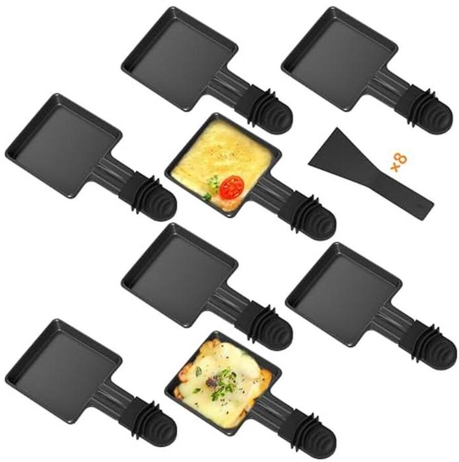 Mini Raclette Pannen Set 8-delig met Non-Stick Coating en Nylon Scheppen