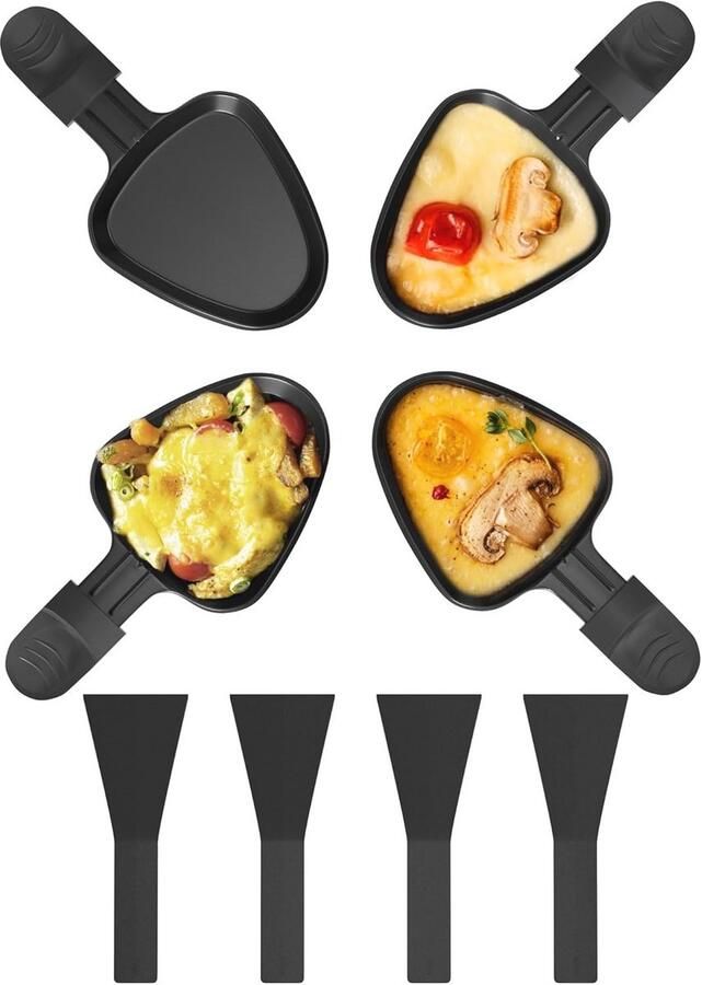 Mini Raclette Pannetjes Set van 4 Driehoekig Antiaanbaklaag met Nylon Scheppen