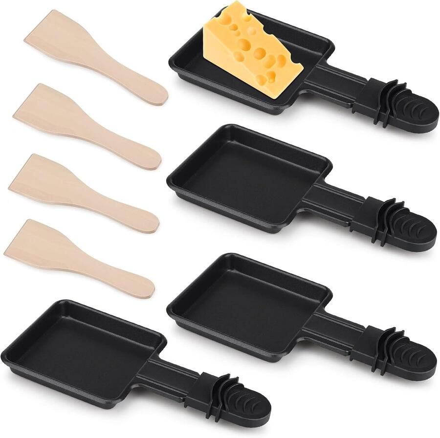Mini Raclettepannen Set voor Kaas en Eieren 4 Antiaanbak Mini Pannen met Houten Scheppen
