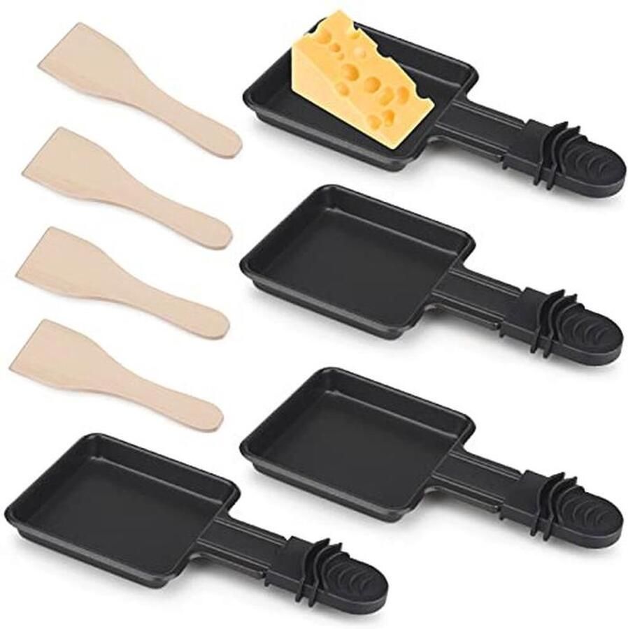 Mini Raclettepannen Set voor Kaas en Eieren 4 Antiaanbak Mini Pannen met Houten Scheppen