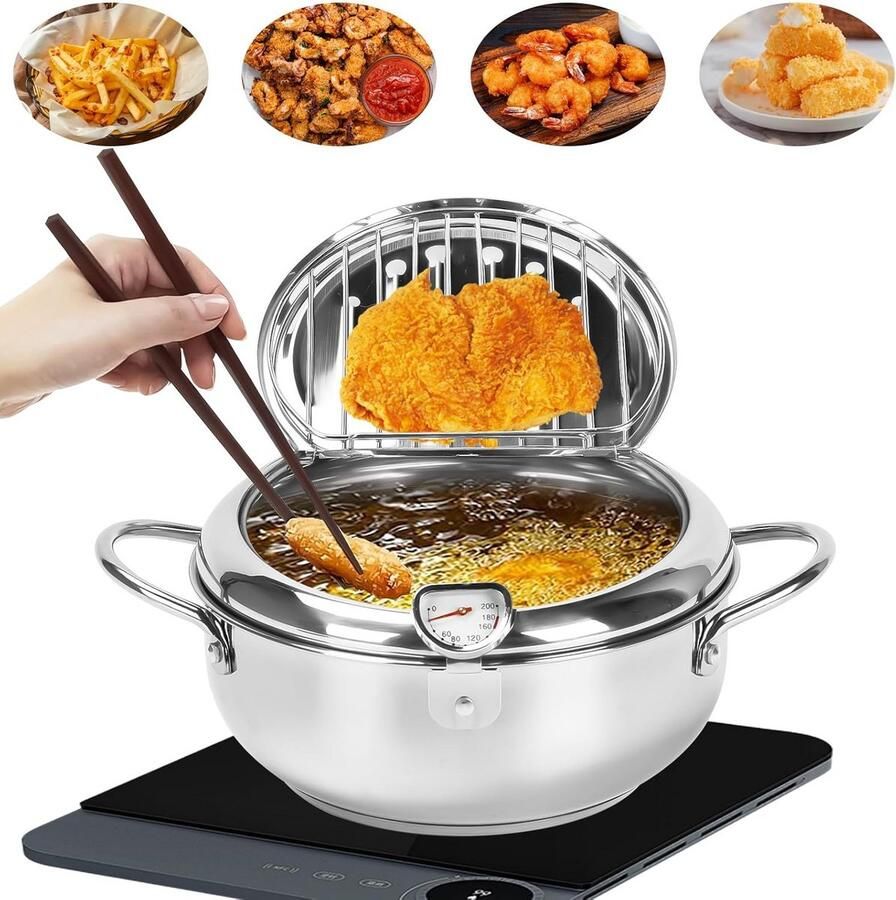 Mini Roestvrijstalen Friteuse Pan met Deksel en Temperatuurregeling 24 cm voor Gas- en Inductiekookplaten