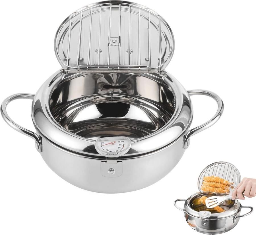 Mini Roestvrijstalen Frituurpan met Thermometer voor Inductiekookplaat en Gasfornuis
