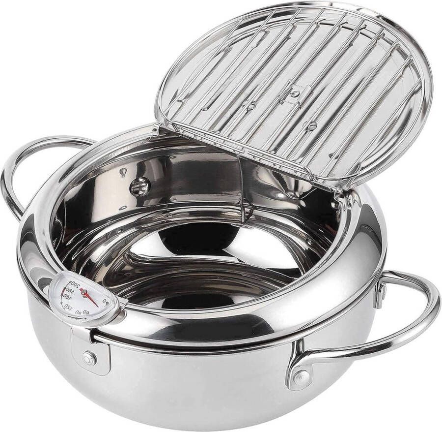 Mini Roestvrijstalen Frituurpan met ThermometerDeksel en Oliedruppel Afdruiprek24cm