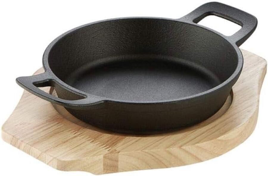 Mini Serviespan Gietijzeren pannetje Kleine porties bereiden Inclusief houten plank 18 cm Zwart