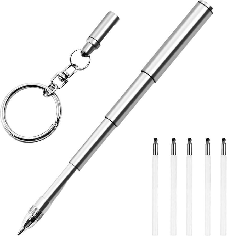 Mini-sleutelhangerpen met 5 reservevullingen mini-balpen roestvrij staal telescopische balpen lichte metalen intrekbare vulpen broekzak sleutelhanger balpen