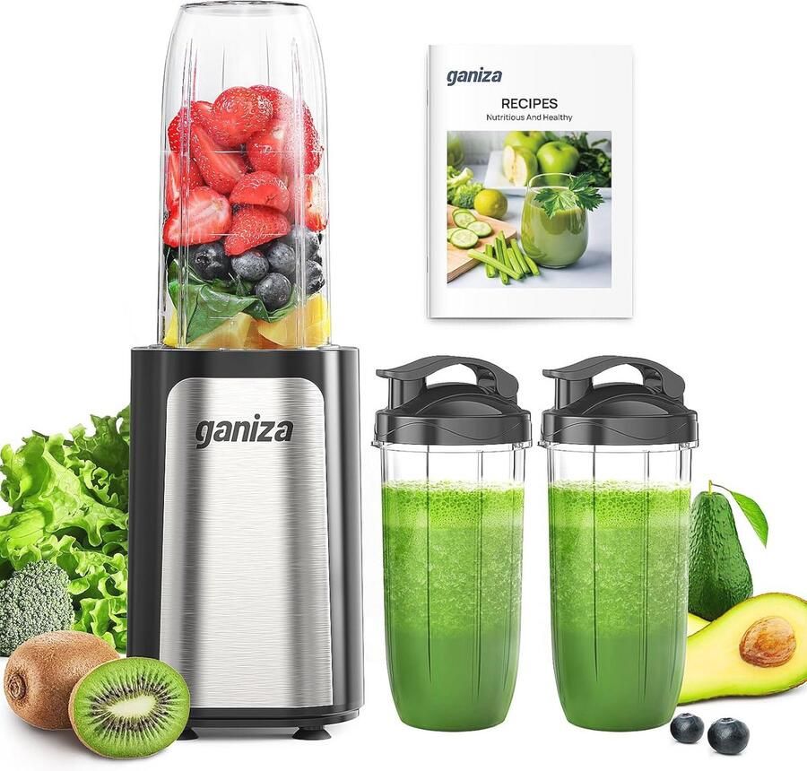 Mini Smoothiemaker 900W met Draagbare Mixbekers en Roestvrijstalen Messen