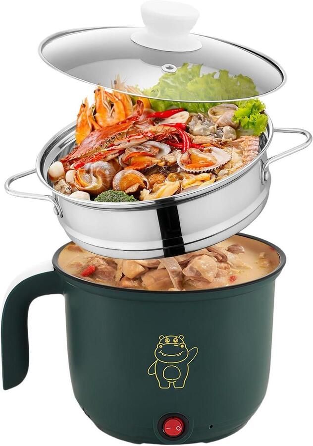 Mini Steamer Pan Elektrische Kookpan Snel Koken Stoom en Kook Tegelijk 1.5 Liter Groen