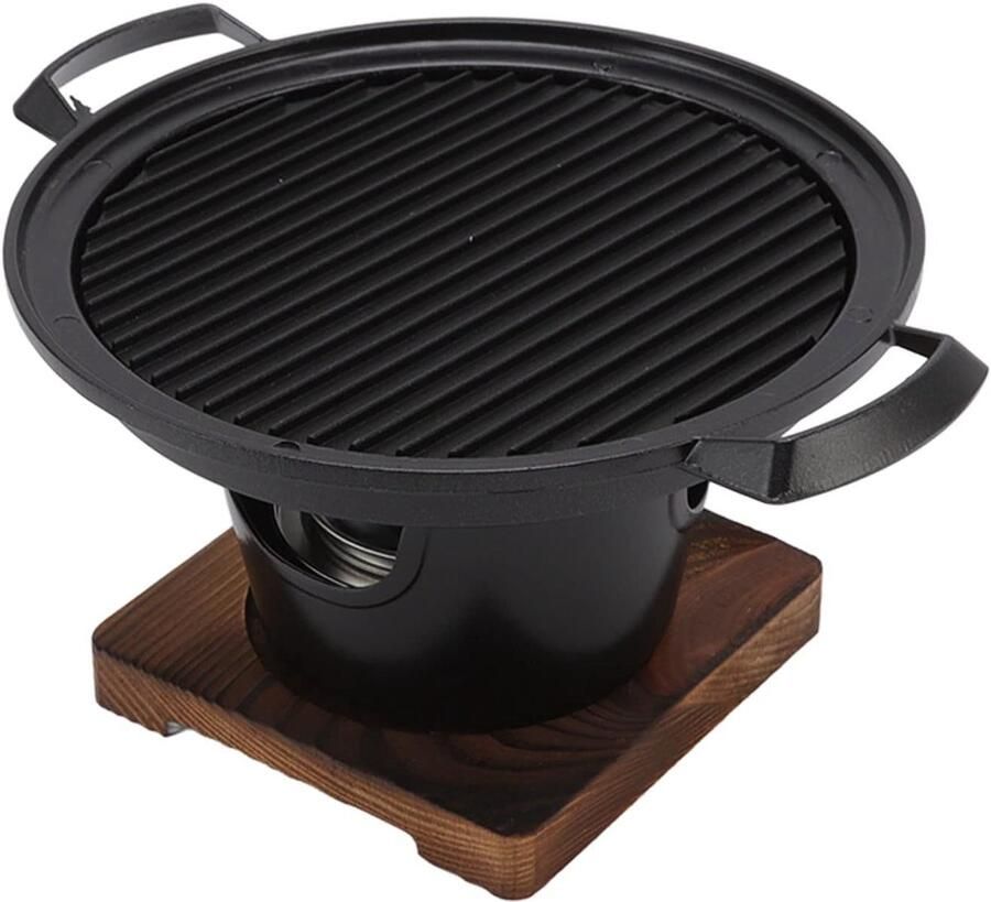 Mini Tafelgrill Ronde Grill Gezellig Eten Met Houten Basis Voor Eén Persoon Zwart