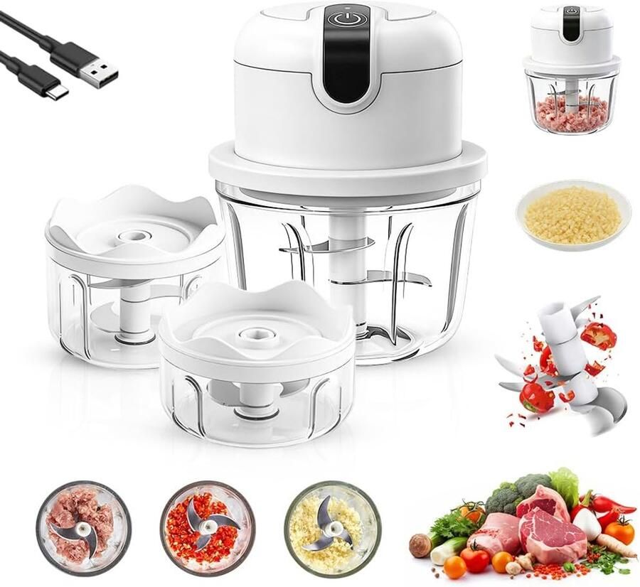 Mini-uienhakmolen 100 + 200 + 350 ml multifunctionele hakmolen keukenmachine draadloos kleine uienhakmolen elektrische hakmolen voor vlees uien groenten en fruit
