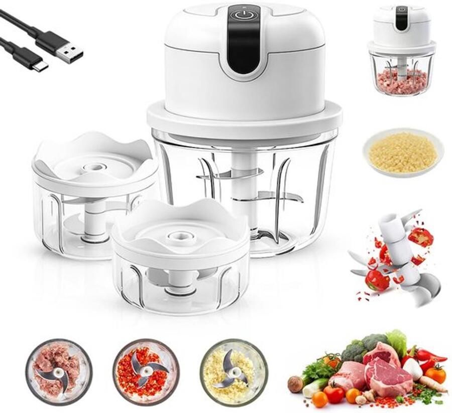 Mini-uiensnijder elektrisch 100 + 200 + 350 ml multihakmolen keukenmachine draadloos kleine uiensnijder vleesmolen elektrische hakmolen voor vlees uien fruit en groenten
