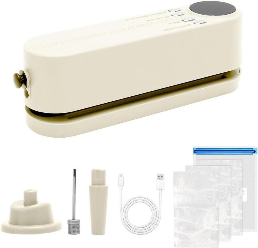 Mini Vacumeerapparaat Folie Lasapparaat Voedsel Bewaren 3 Temperatuur Niveaus 60 KPA Zuigkracht Beige